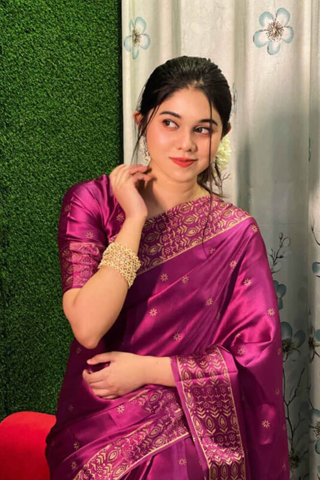 প্রিমিয়াম বধুয়া বেনারসি জাপানি সিল্কের শাড়ি (জাম/ম্যাজেন্ডা কালার) + ম্যাচিং ব্লাউজ পিচ