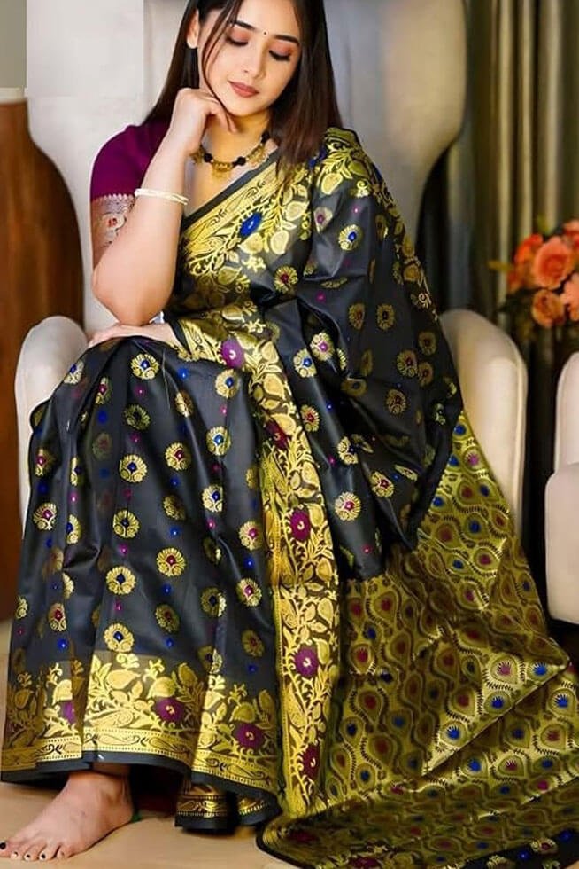 প্রিমিয়াম সফ্ট সিল্ক কাতান শাড়ি (Black Color) + ম্যাচিং ব্লাউজ পিচ
